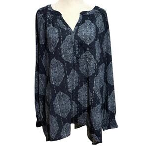 Wonderly Plus Size 2X Blouse Popover Top Boho Peasant Blue Print